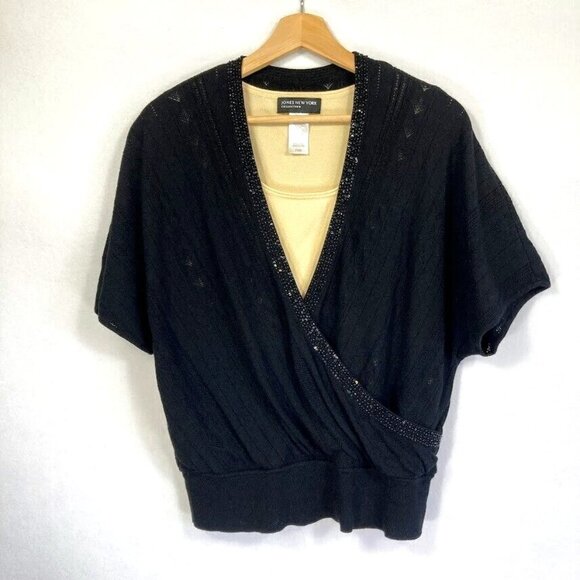 🔥 3/$15 🔥 Jones New York Black Beaded Wrap Sweater Shirt Combo Size M - Picture 1 of 6